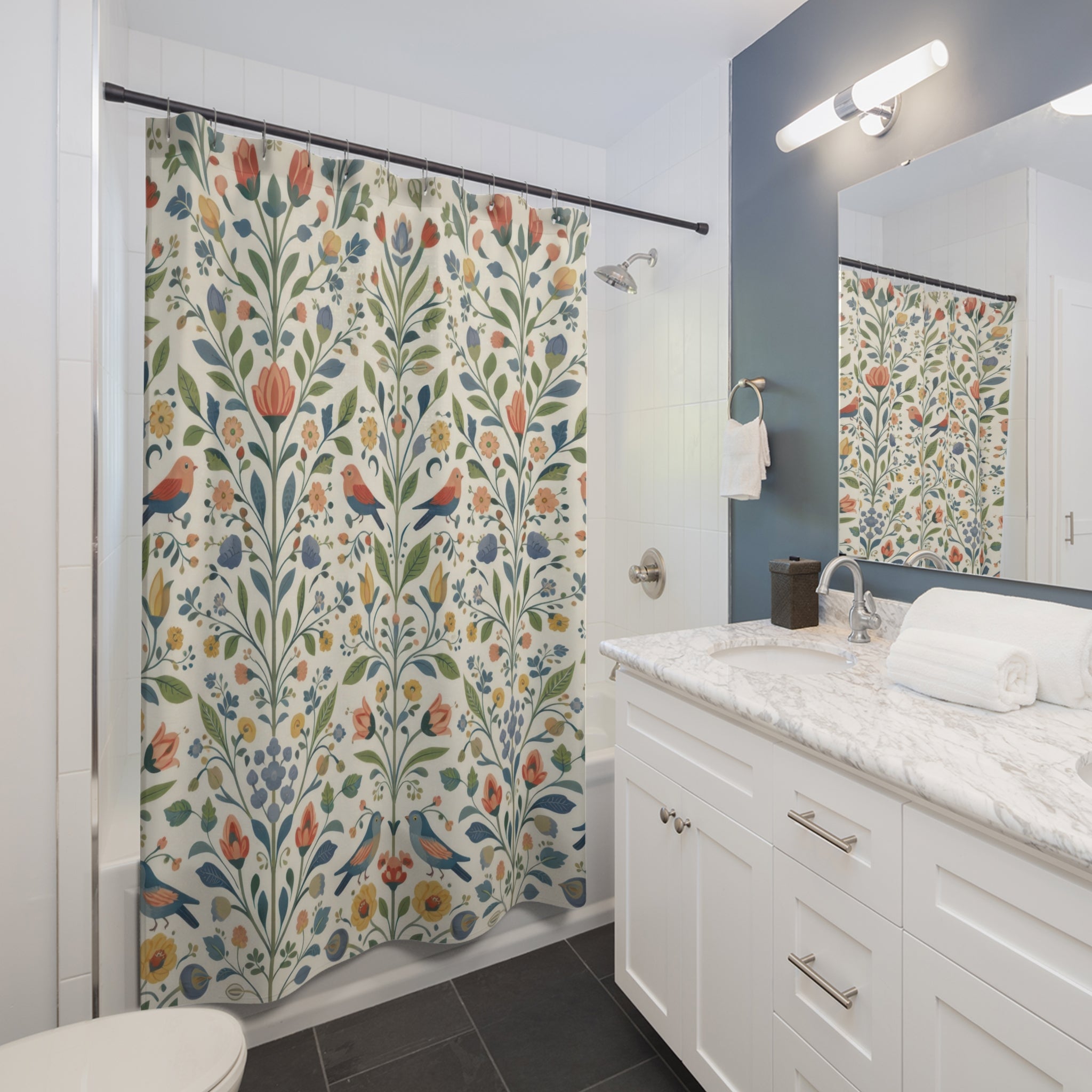 Scandinavian Folk Bird Shower Curtain – Blue and Coral