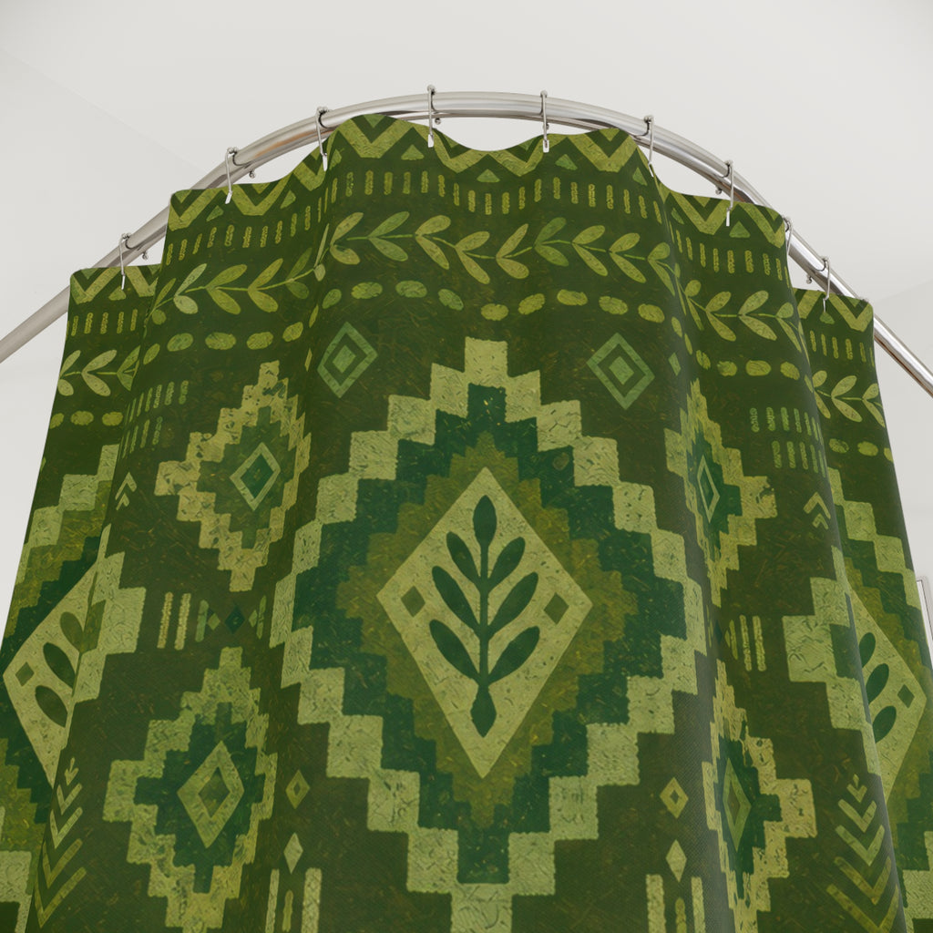Green Boho Shower Curtain, Ikat Diamond Bath Decor, Olive Geometric Pattern, Folk Style Guest Bathroom Decor, Earthy Bohemian Style