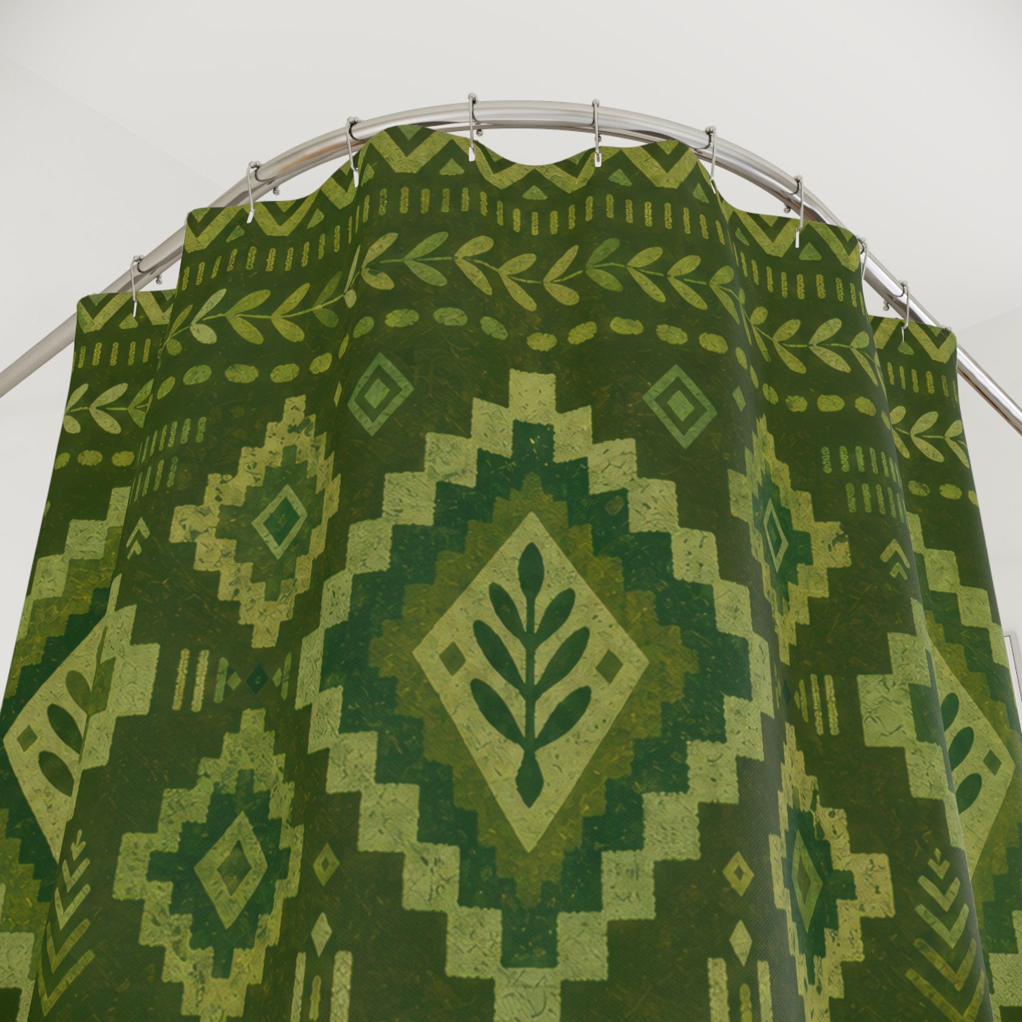 Green Boho Shower Curtain, Ikat Diamond Bath Decor, Olive Geometric Pattern, Folk Style Guest Bathroom Decor, Earthy Bohemian Style
