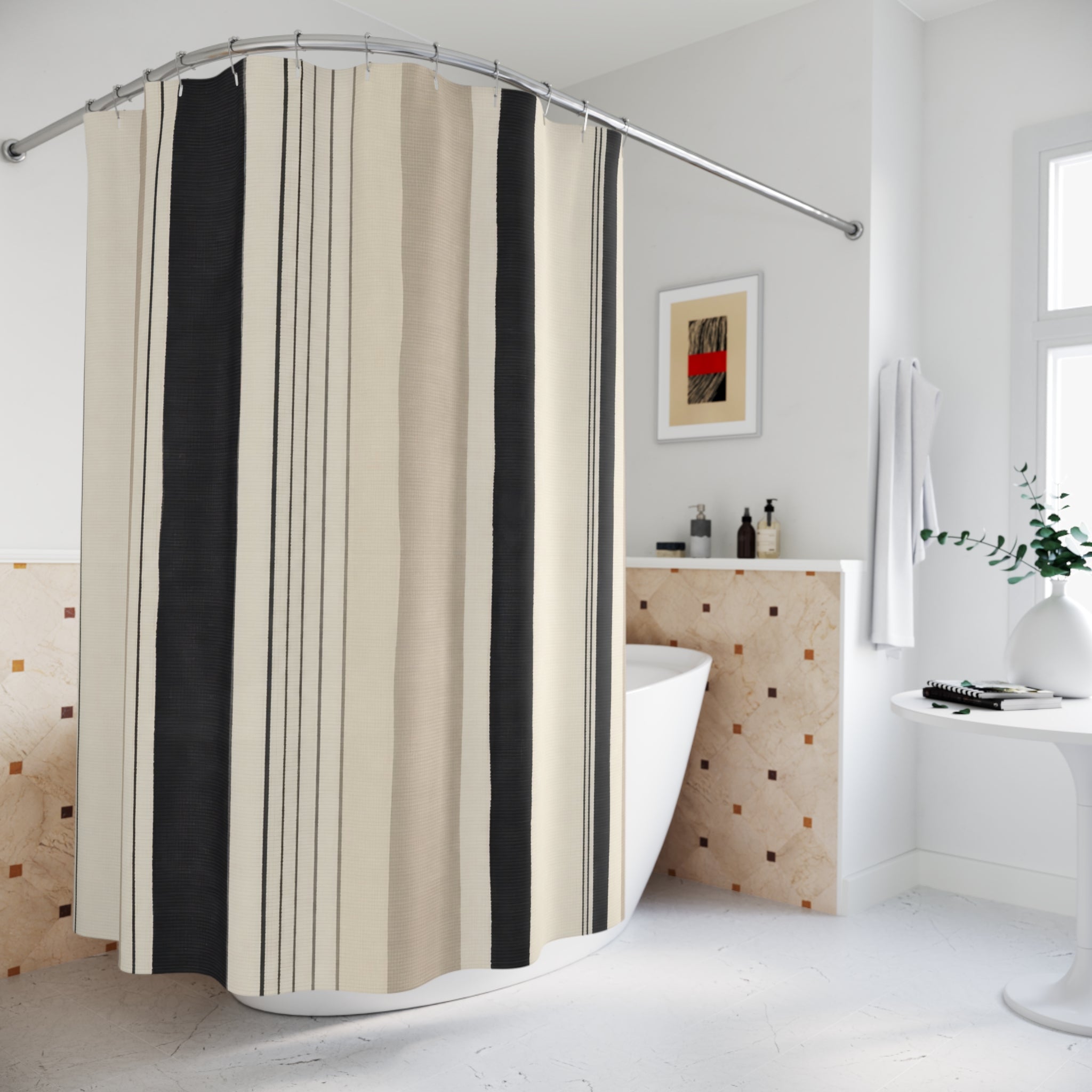 Black Beige Vertical Stripe Shower Curtain