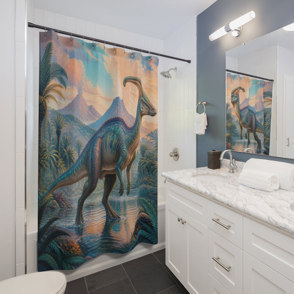 Blue orange parasaurolophus in a reflective tropical river shower curtain beside a white vanity