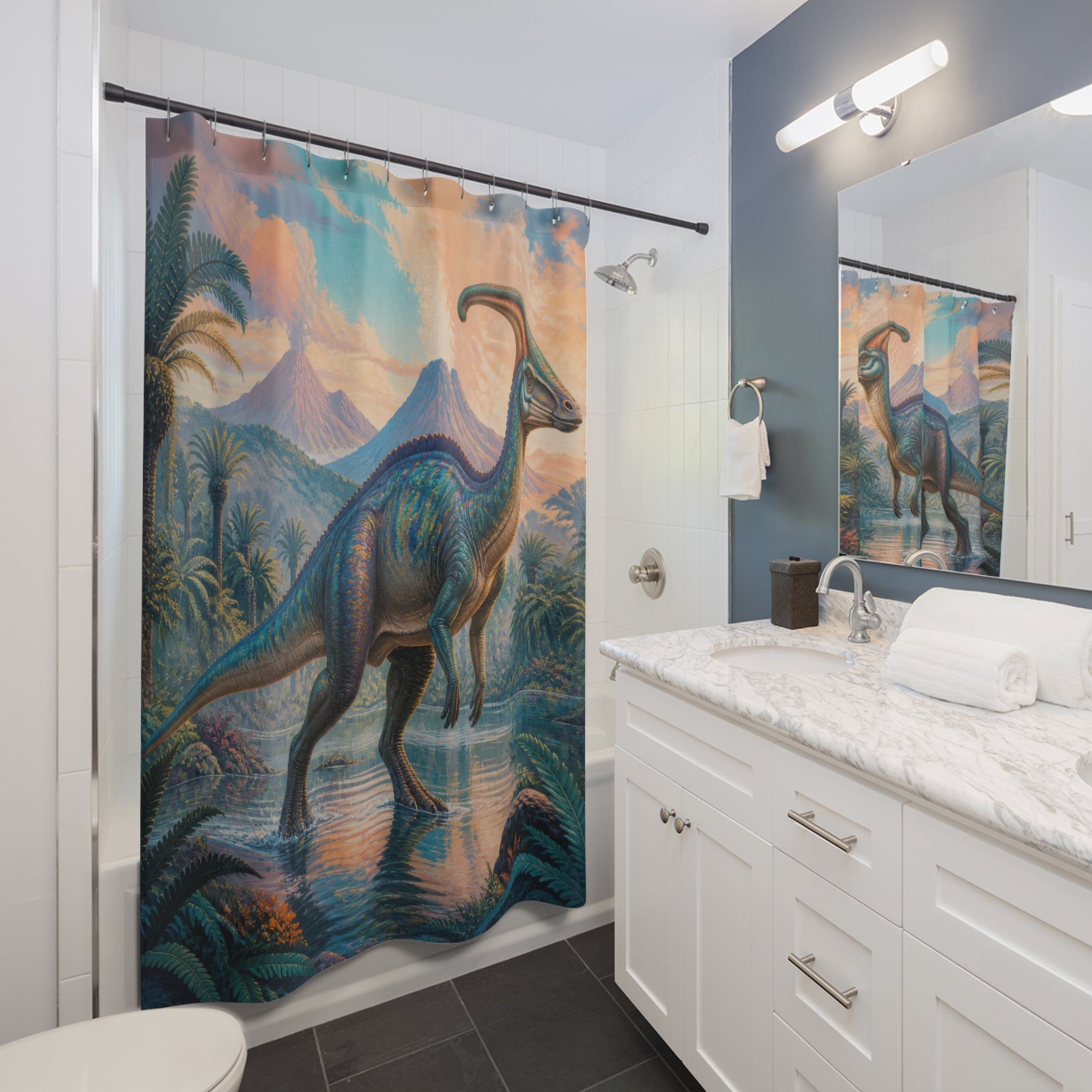 Blue orange parasaurolophus in a reflective tropical river shower curtain beside a white vanity