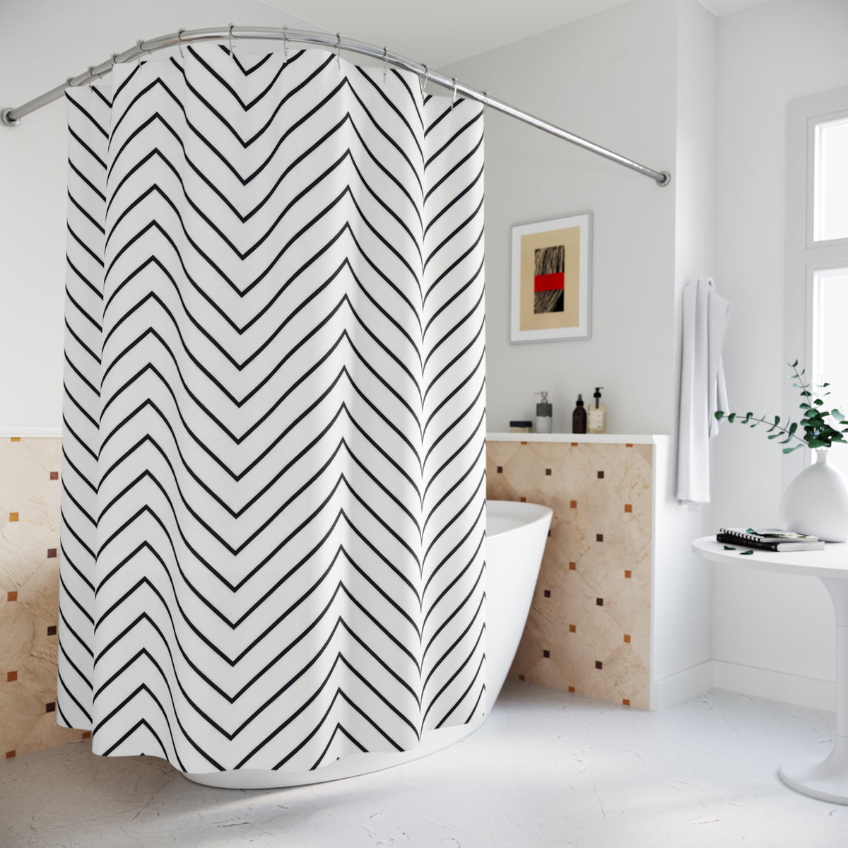 Thin black chevron zigzags on an open white ground shower curtain beside a freestanding tub