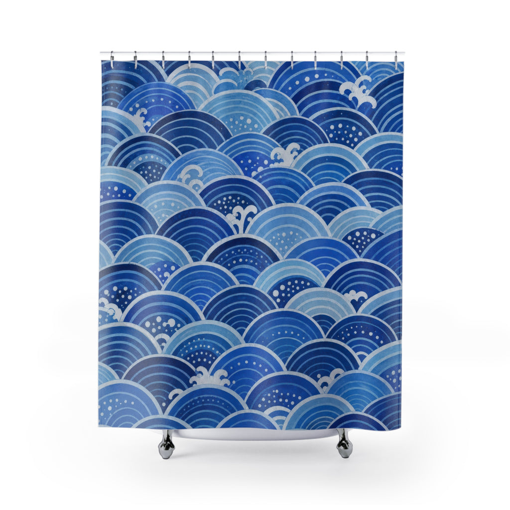 Blue Seigaiha Wave Shower Curtain, Blue Aqua Coastal Bathroom Decor, Wave Pattern Bath Curtain, Guest Bath Decor, Small Bathroom Decor