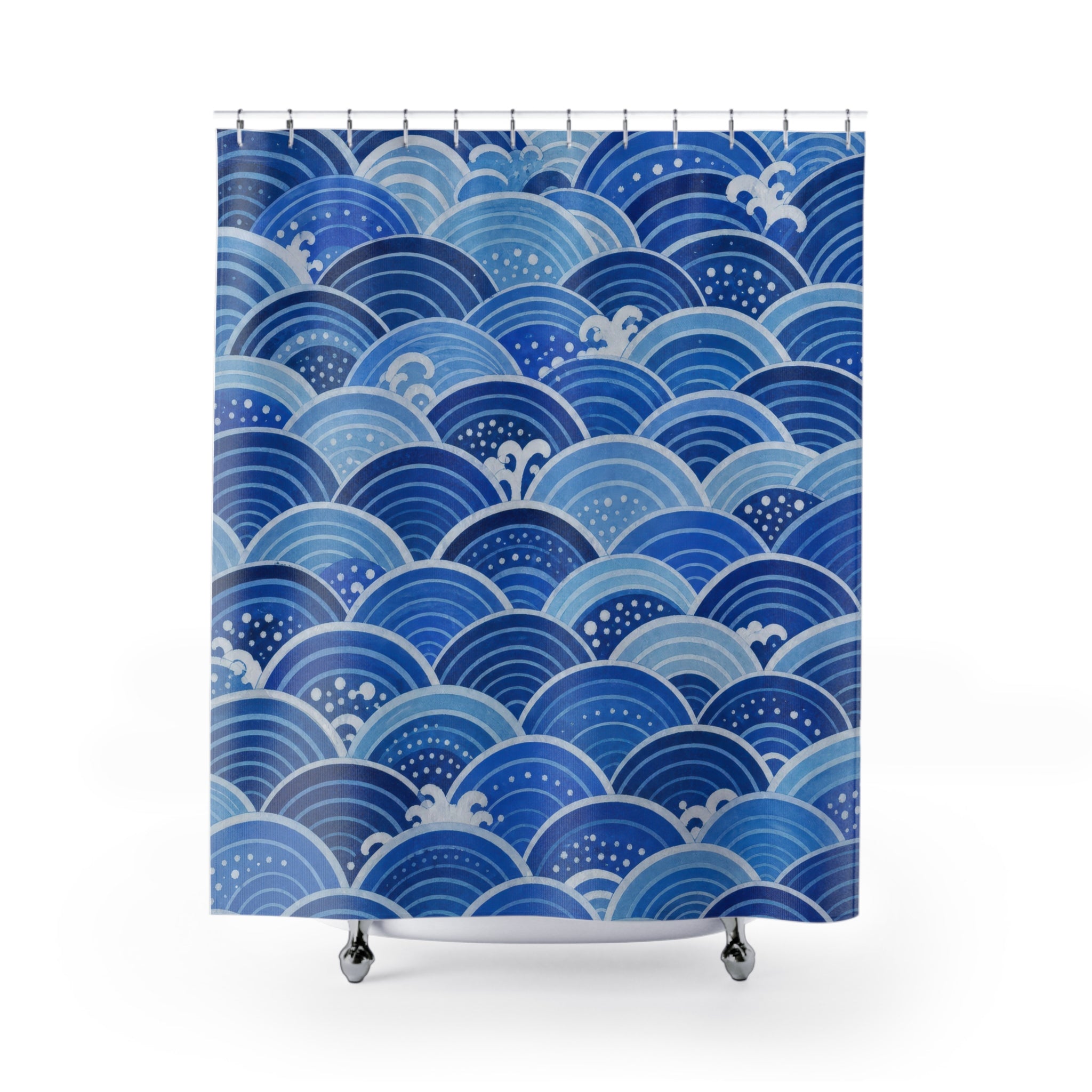 Blue Seigaiha Wave Shower Curtain, Blue Aqua Coastal Bathroom Decor, Wave Pattern Bath Curtain, Guest Bath Decor, Small Bathroom Decor