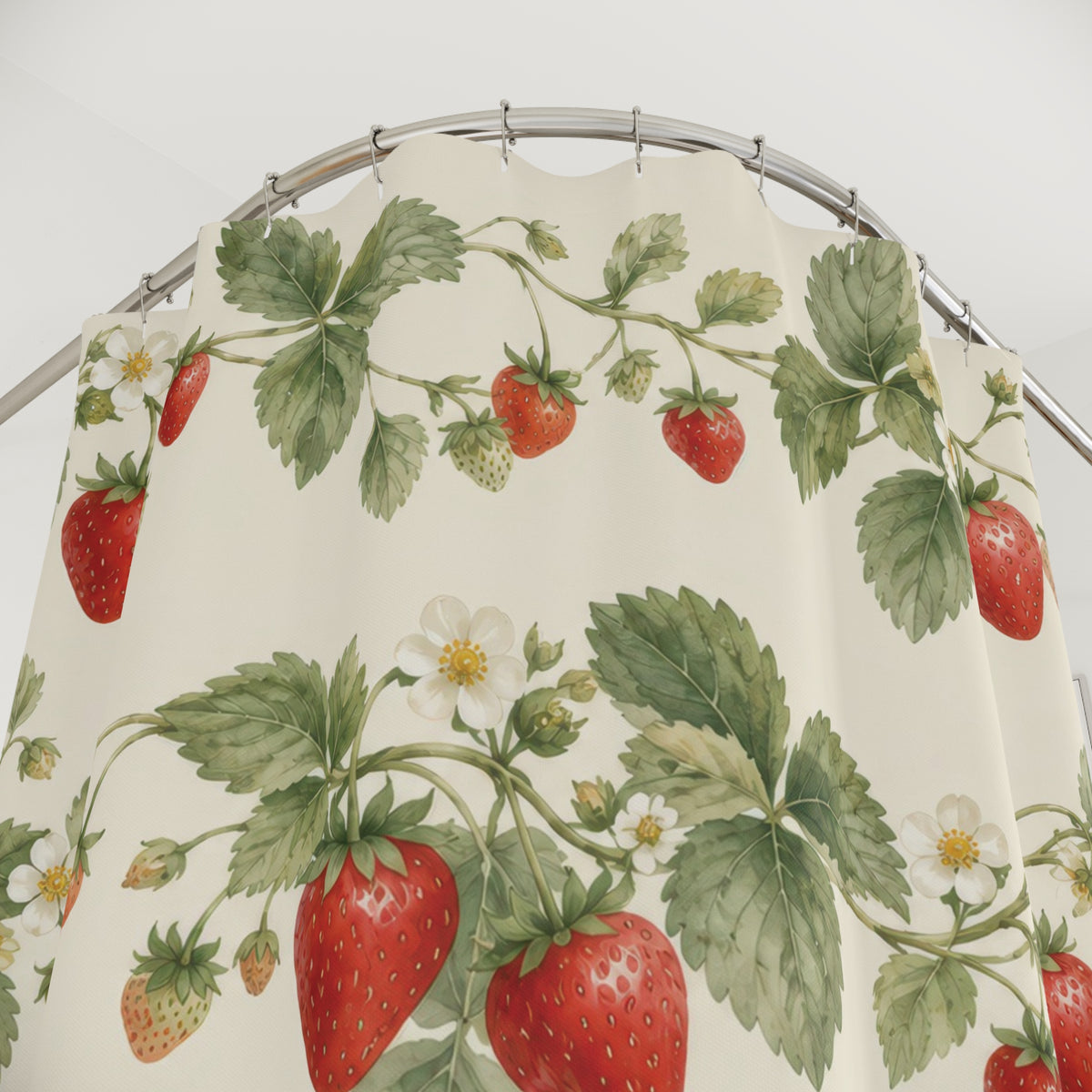 Red strawberries and sage leaves in rows on ivory shower curtain with close-up print, hooks, and folds