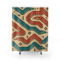 Coral and turquoise serpents on sand shower curtain with full front view
