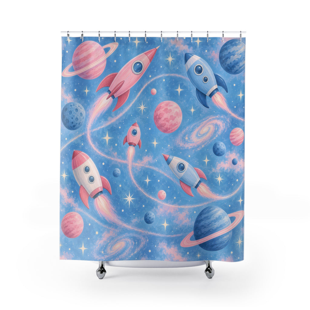 Pink and blue rockets and planets with ivory stars shower curtain with full front view