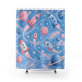 Pink and blue rockets and planets with ivory stars shower curtain with full front view
