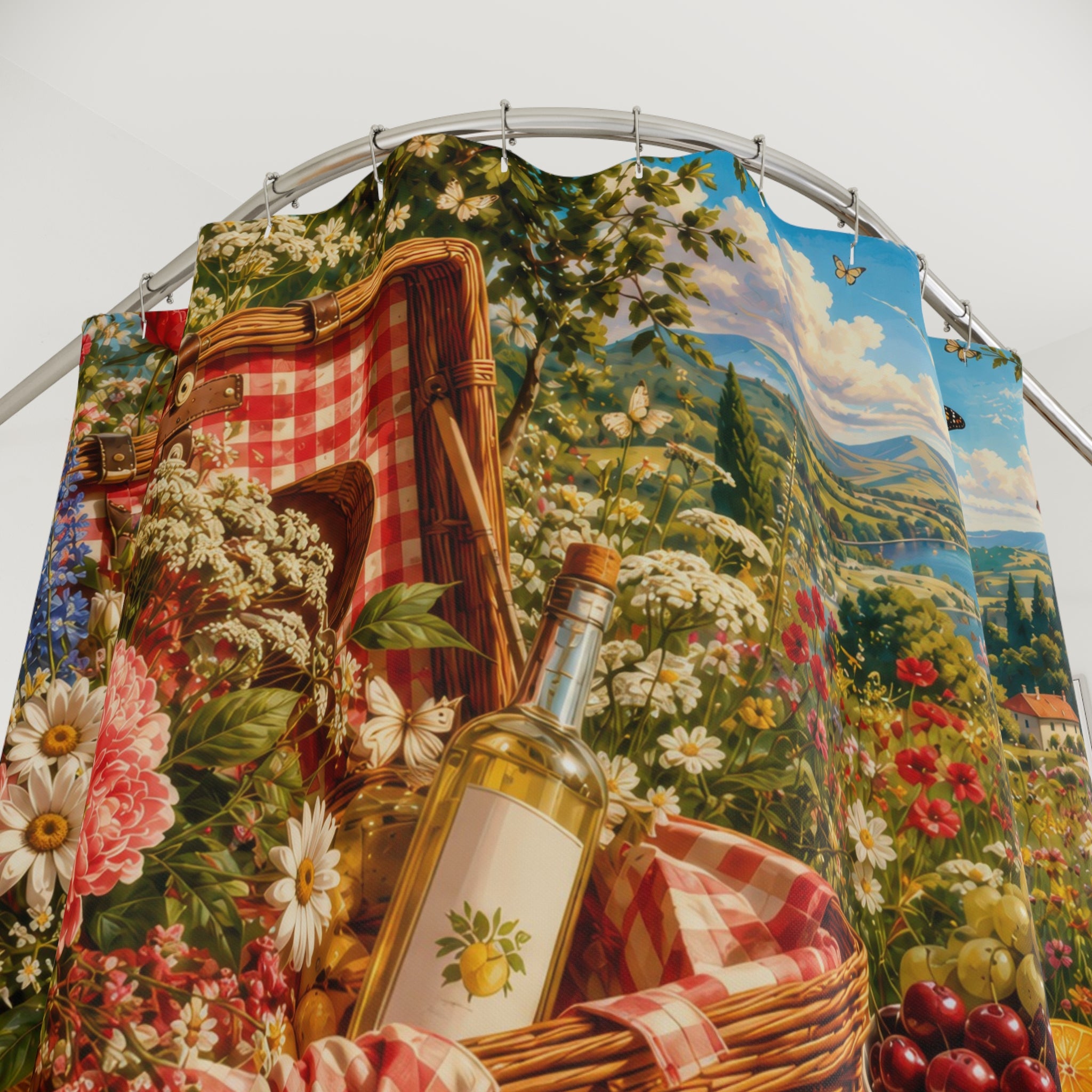 Picnic Shower Curtain: Red Gingham Strawberries