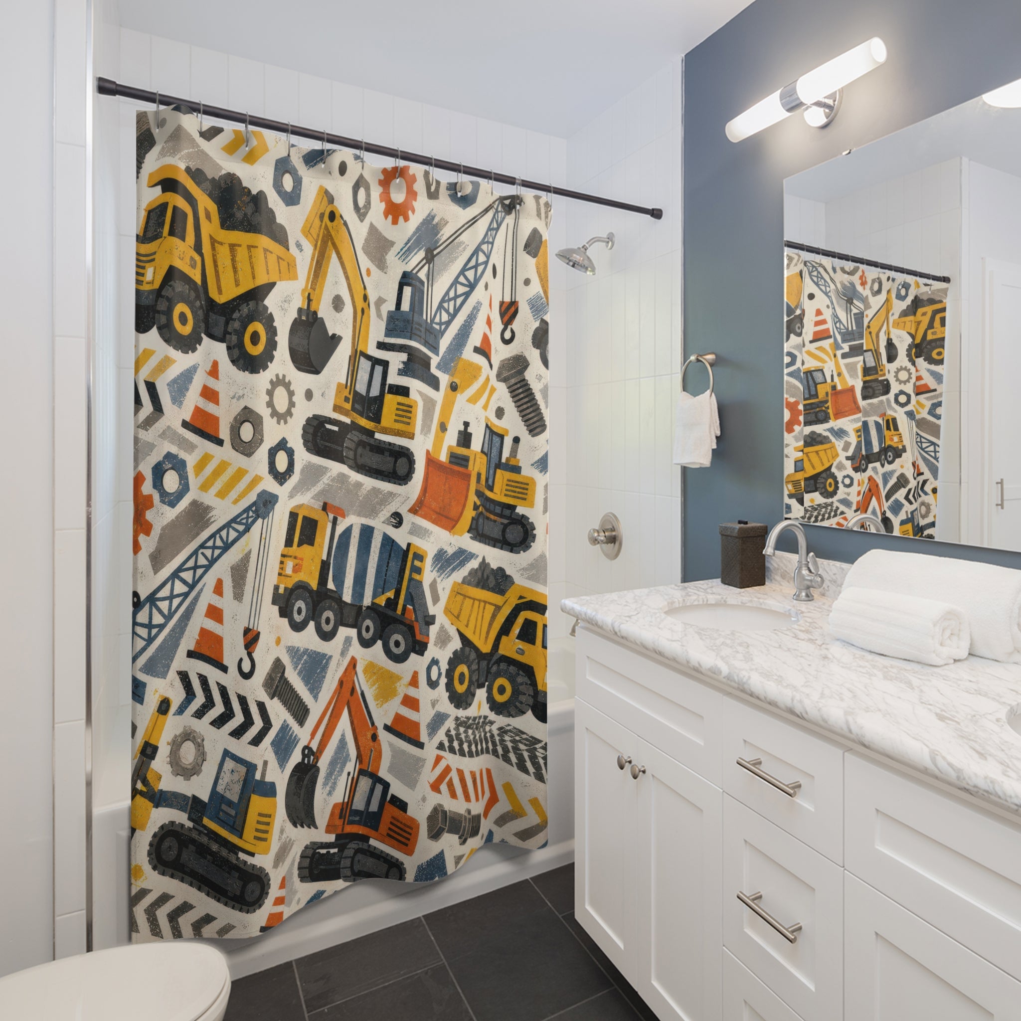 Construction Truck Shower Curtain, Excavator Kids Bathroom Decor, Dump Truck Bath Curtain, Vehicle Bathroom Art for Boys, Boys Bath Decor