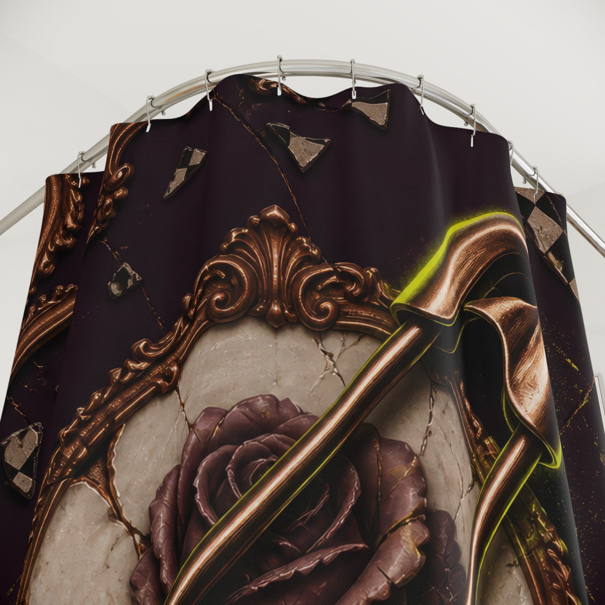 Safety pin crossing a cracked porcelain rose with checker shards shower curtain with close-up print, hooks, and folds