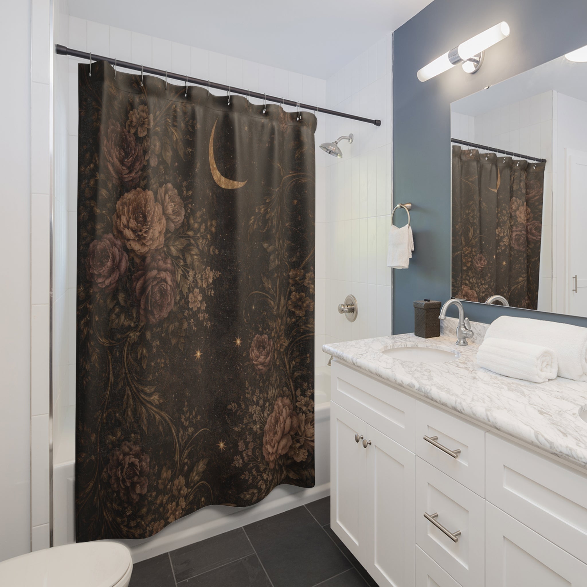 Celestial Dark Floral Shower Curtain — Moon Gothic