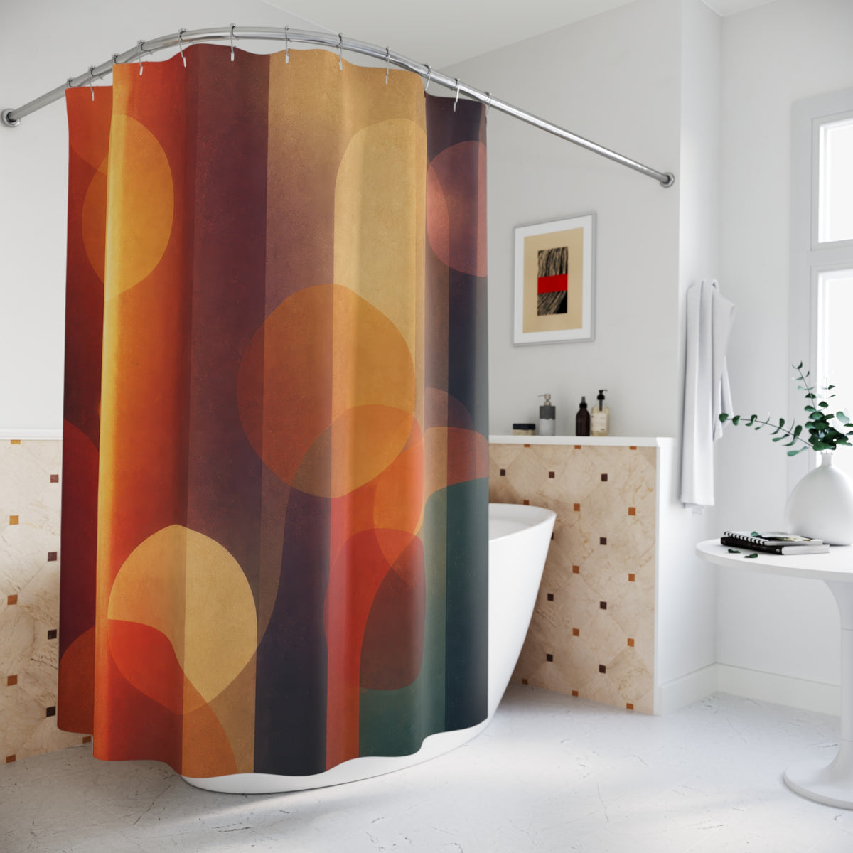 Retro Cinema Light Leak abstract shower curtain beside a freestanding tub