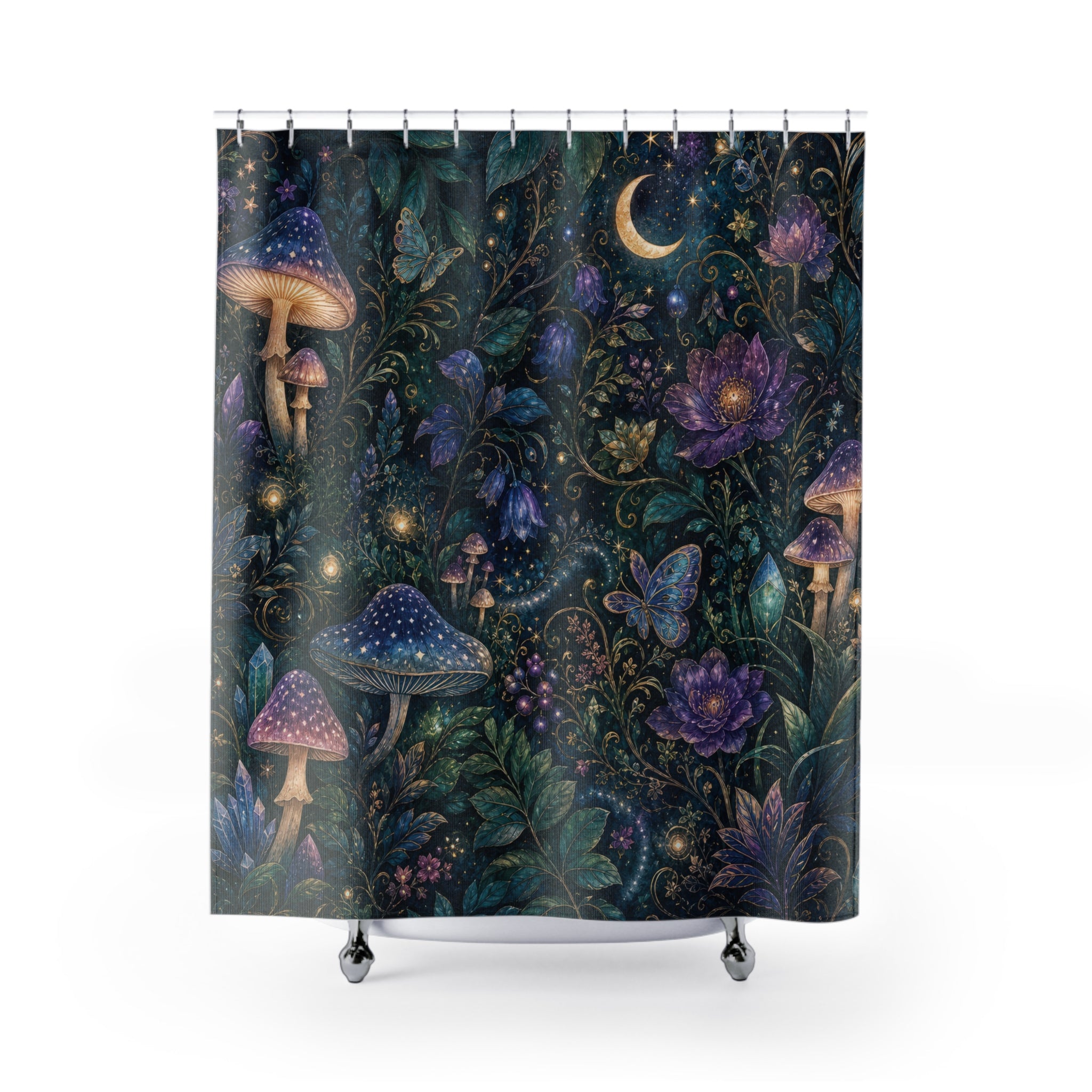 Fantasy Shower Curtain: Moon Mushroom Forest Pattern