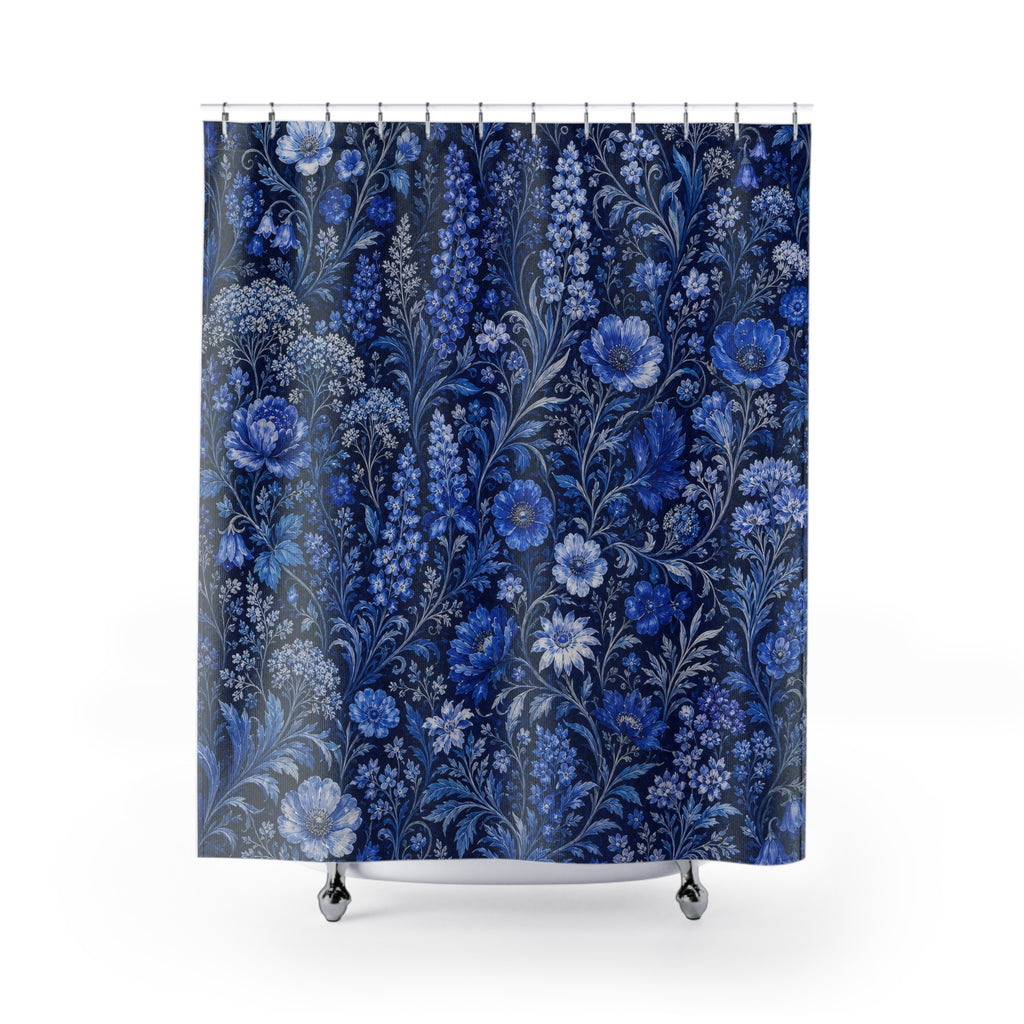 Dark Blue Floral Shower Curtain, Dark Blue Botanical Bathroom Decor, Dark Floral Bath Curtain, Guest Bath Decor, Small Bathroom Decor