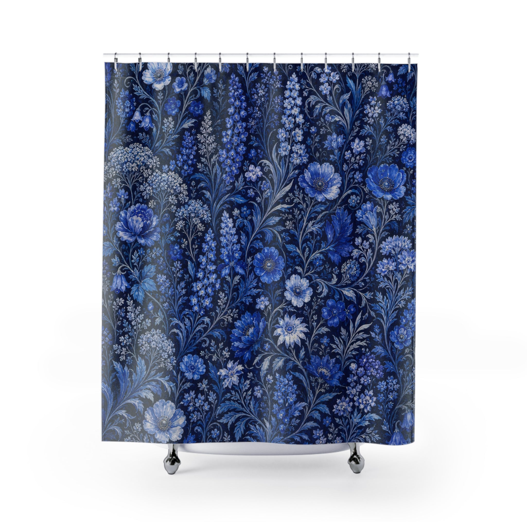 Dark Blue Floral Shower Curtain, Dark Blue Botanical Bathroom Decor, Dark Floral Bath Curtain, Guest Bath Decor, Small Bathroom Decor