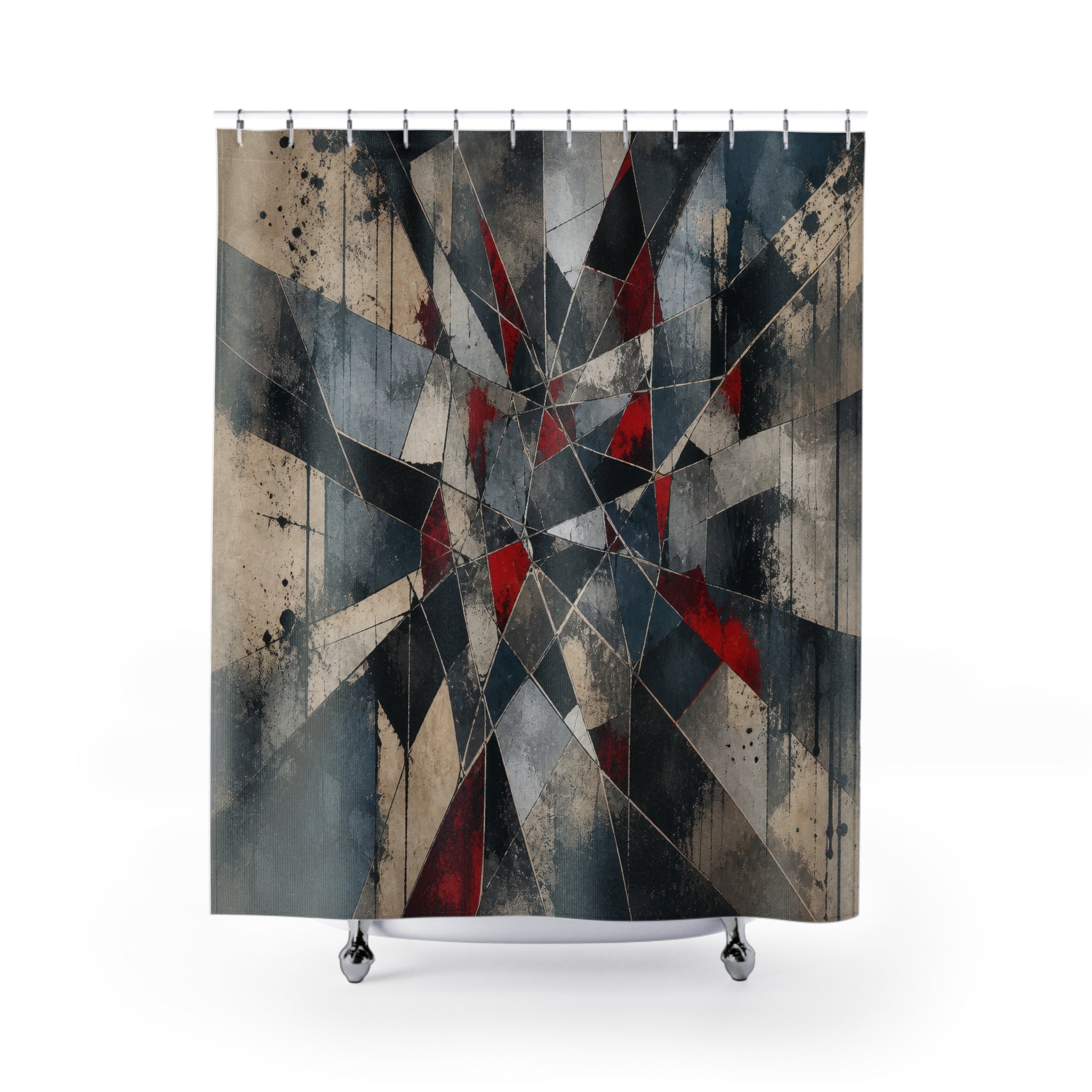 Geometric Shower Curtain, Black Gray Red Kaleidoscope Art, Abstract Modern Bathroom Decor, Sharp Graphic Bath Pattern, Dark Guest Bath