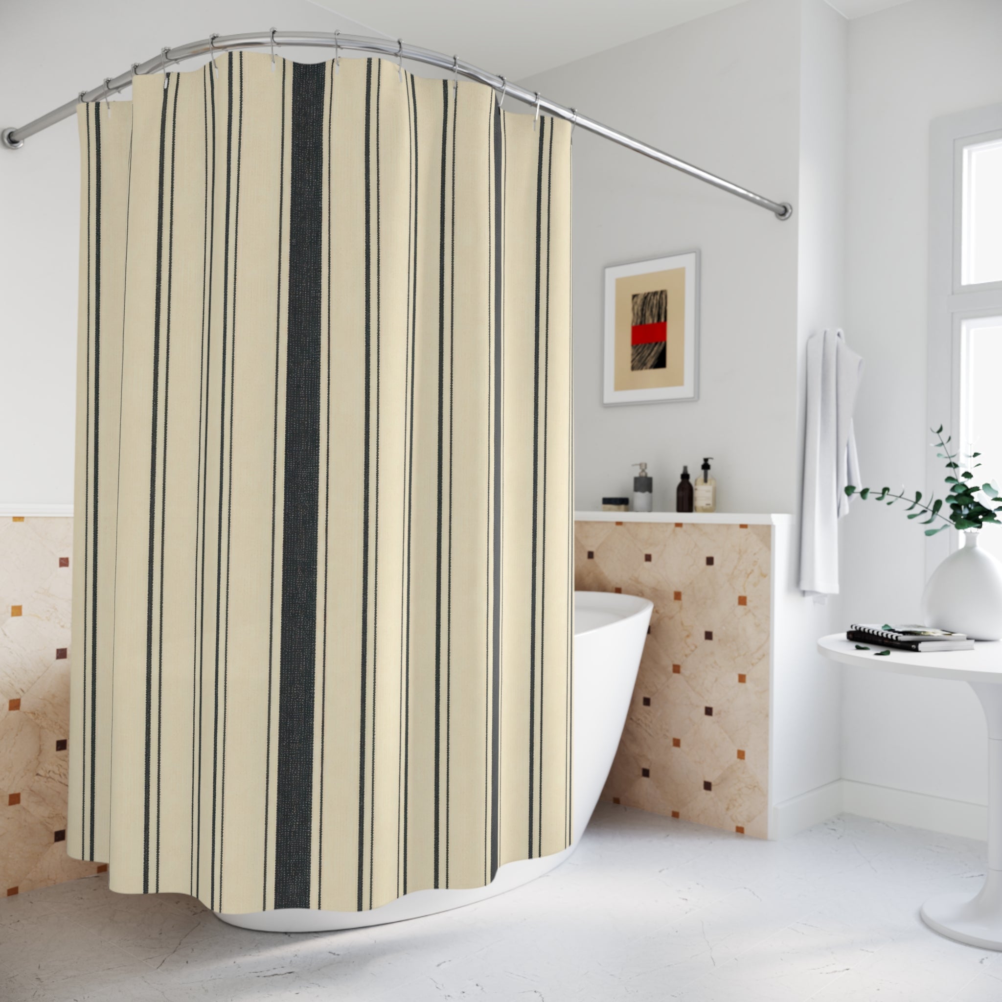 Black Striped Shower Curtain, Beige Ticking Bath Decor, Cream Vertical Stripe Pattern, Classic Farmhouse Guest Bathroom Decor Style