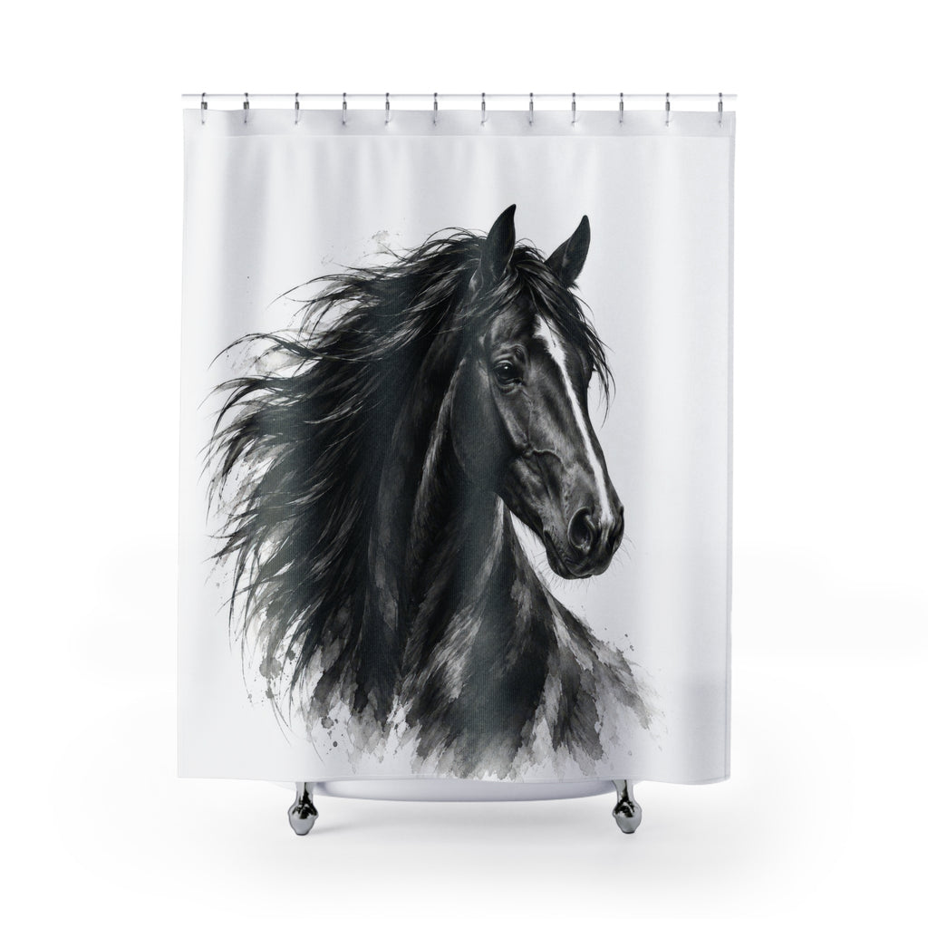 Black horse portrait with a flowing mane on white shower curtain with full front view