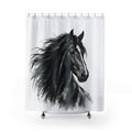 Black horse portrait with a flowing mane on white shower curtain with full front view