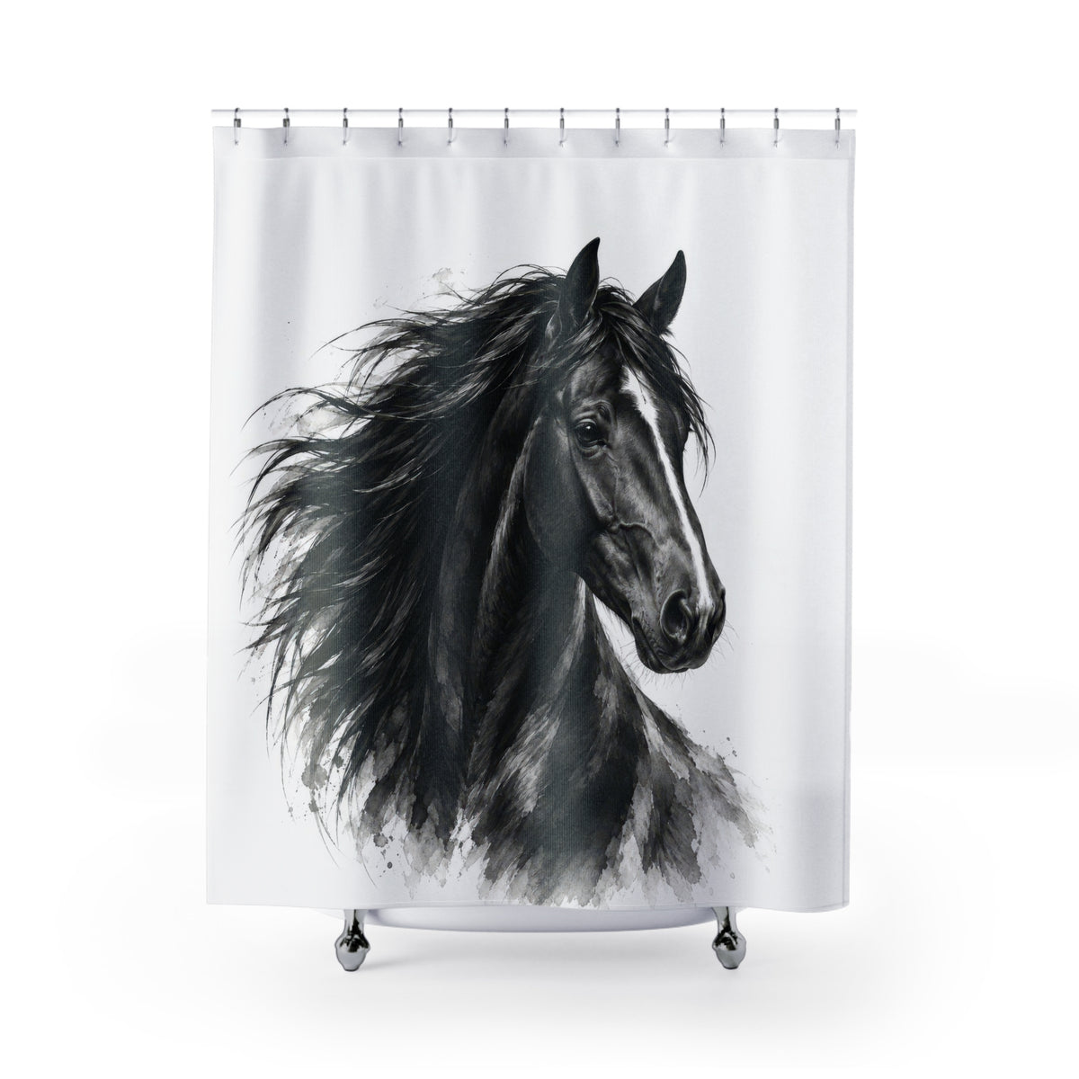 Black horse portrait with a flowing mane on white shower curtain with full front view