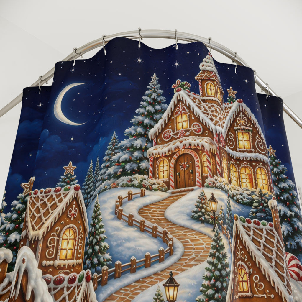 Moonlit gingerbread village with snowy cookie houses shower curtain with close-up print, hooks, and folds