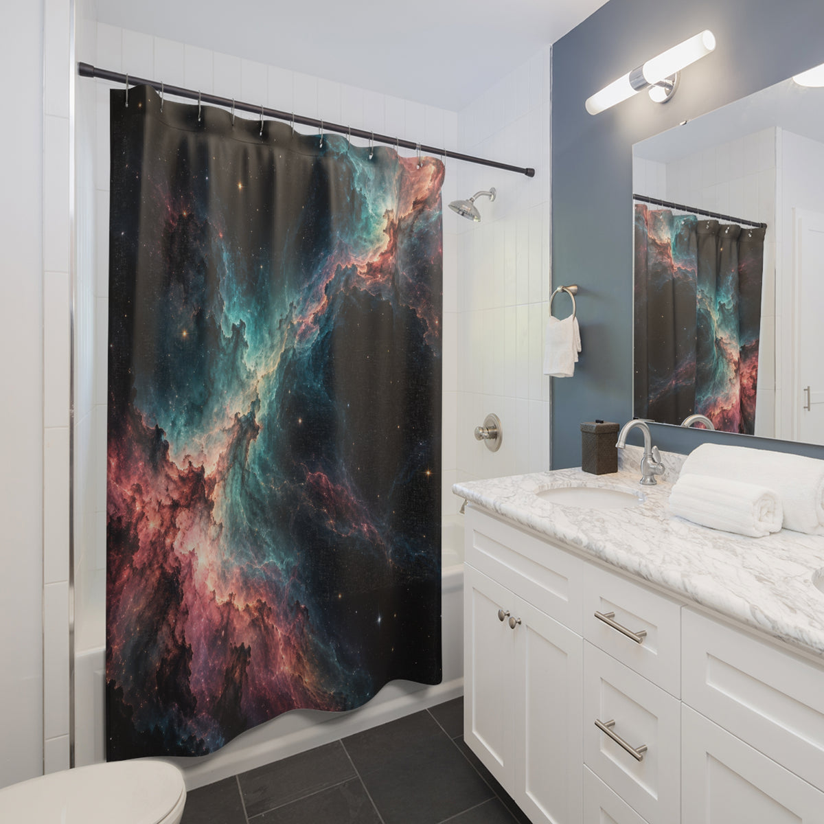 Teal and rose nebula light with stars in dark space shower curtain beside a white vanity