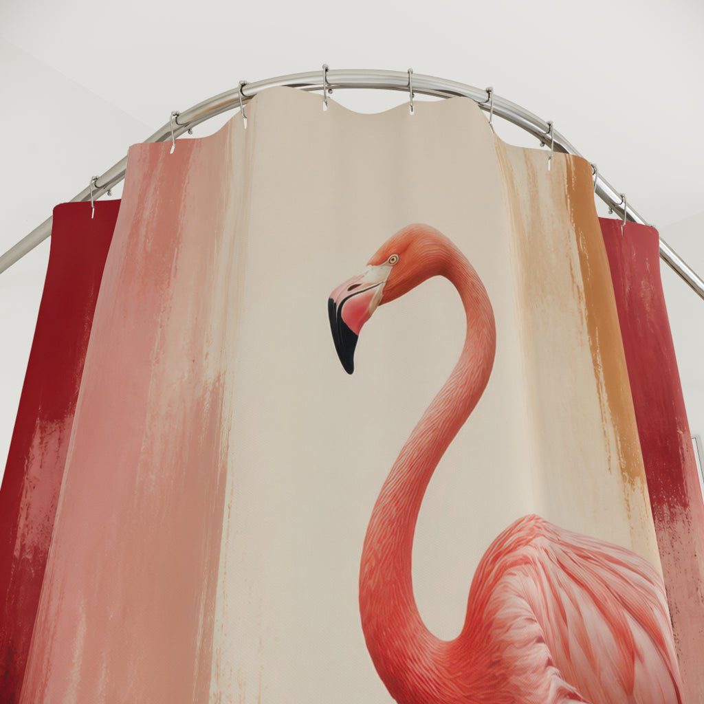 Flamingo stepping through crimson and blush painted bands shower curtain with close-up print, hooks, and folds