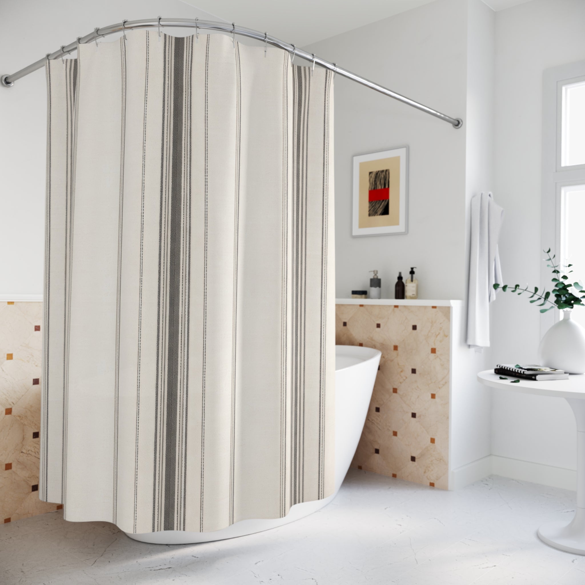 Grey and Cream Ticking Stripe Shower Curtain