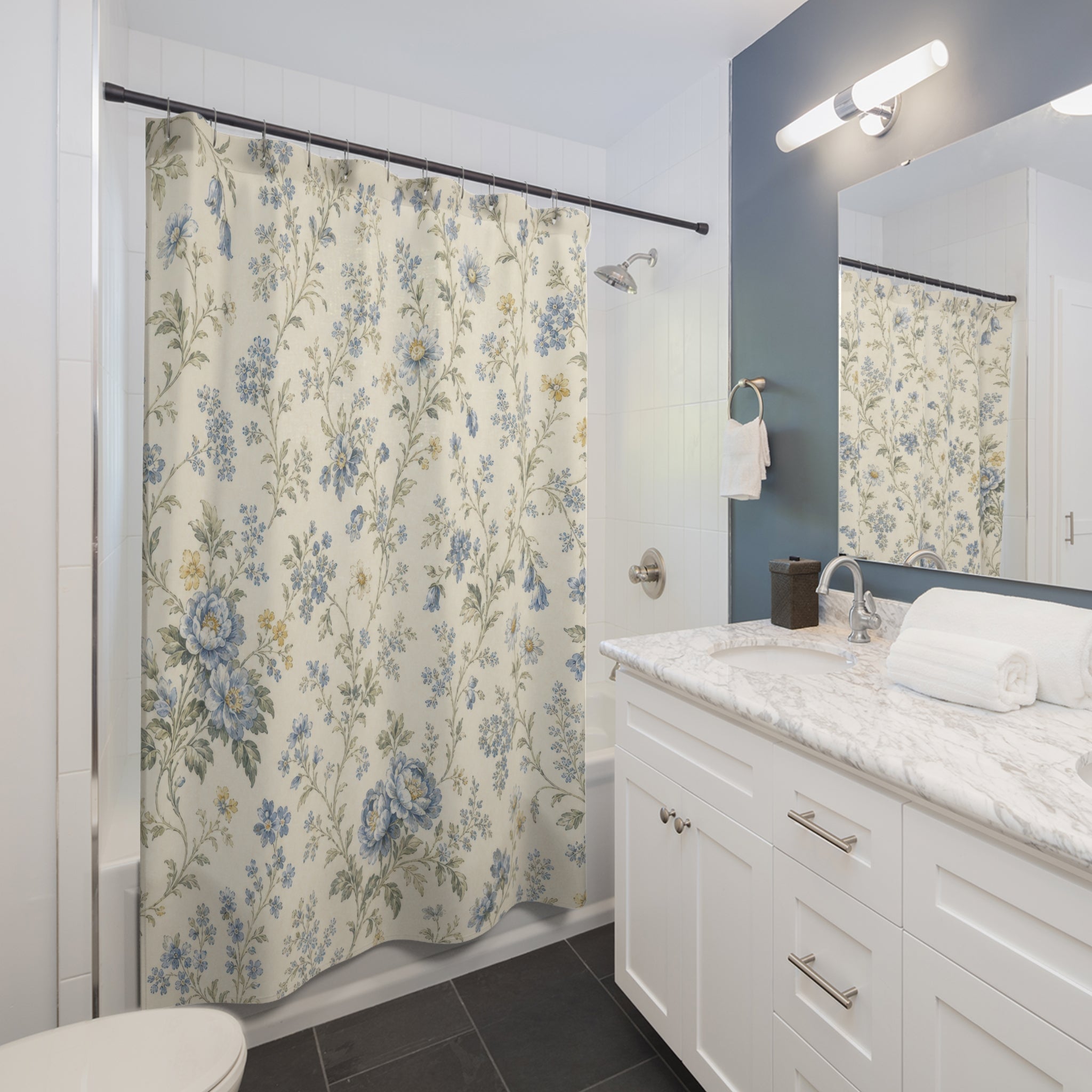 Vintage Cottage Blue Floral Shower Curtain