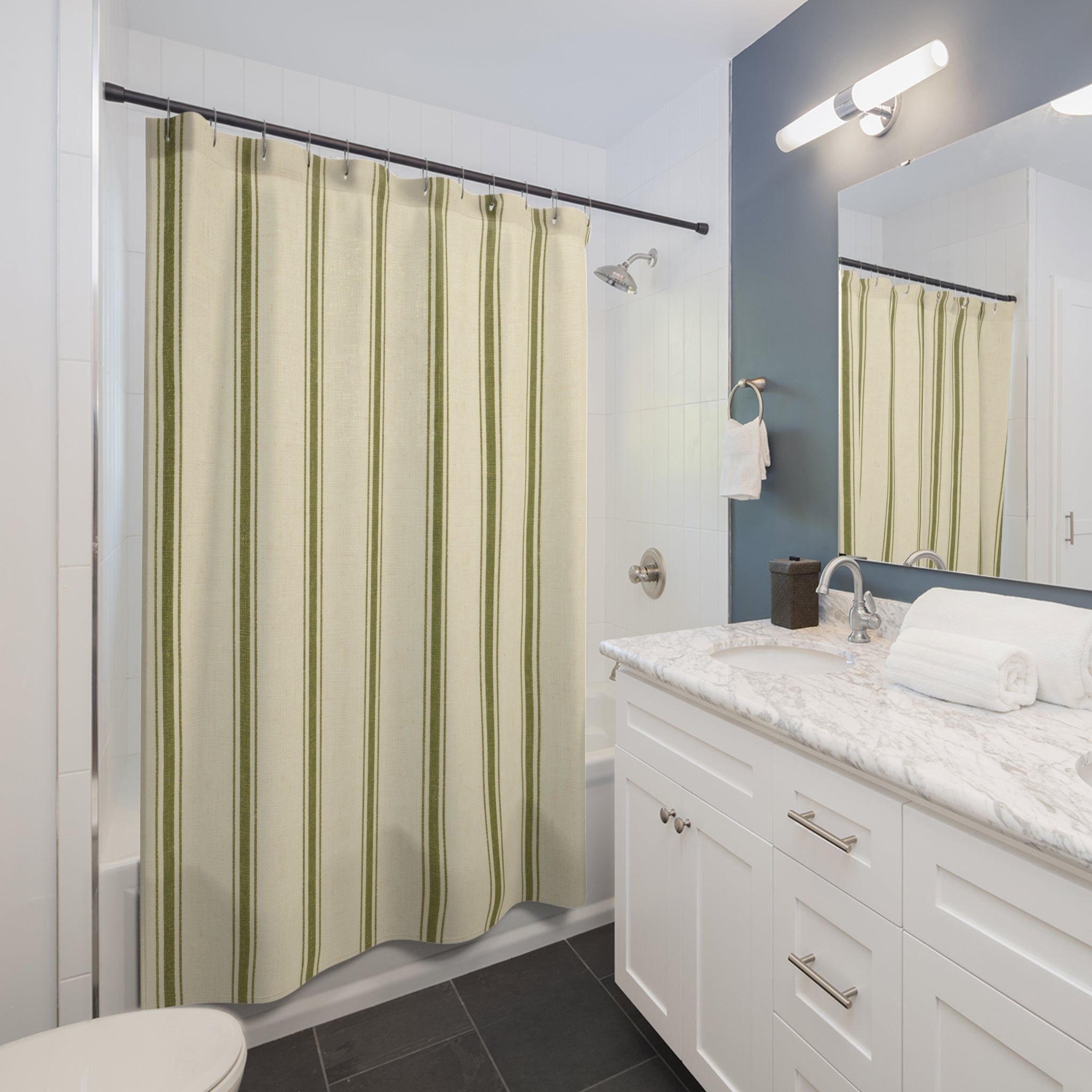 Farmhouse Stripe Olive Green Shower Curtain