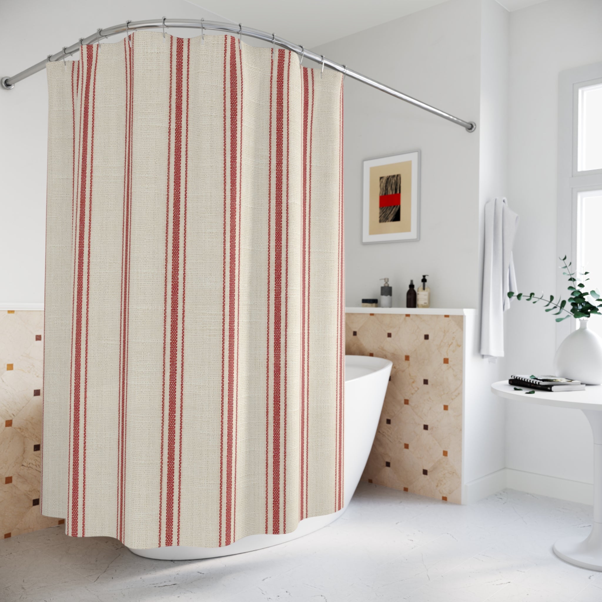 Red White French Ticking Shower Curtain