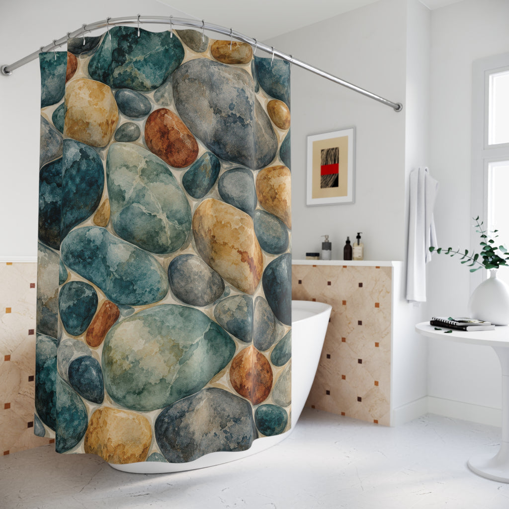 Teal, gray and ochre watercolor river stones shower curtain beside a freestanding tub