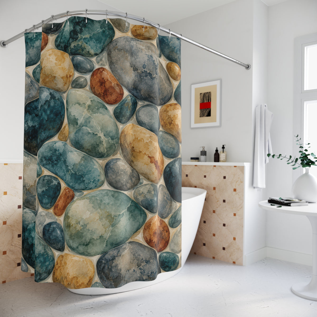 Teal, gray and ochre watercolor river stones shower curtain beside a freestanding tub
