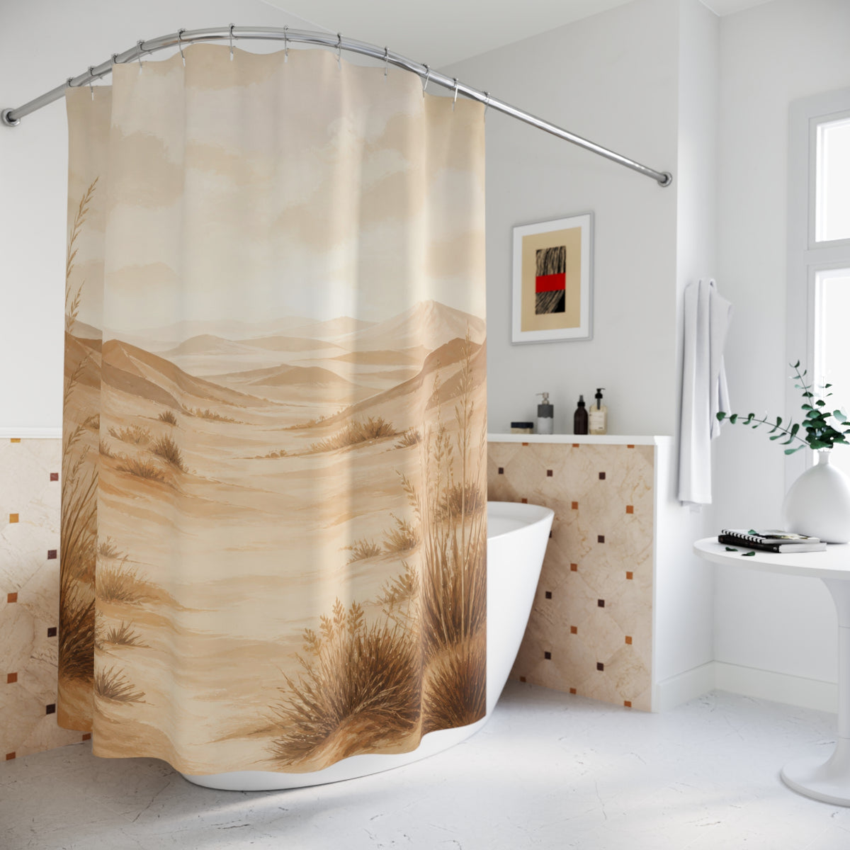Sweeping tan dunes and wind-shaped grasses beneath a hazy horizon shower curtain beside a freestanding tub