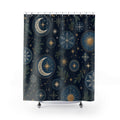 Celestial Christmas Shower Curtain, Navy Gold Moon Star Holiday Pattern, Winter Solstice Bathroom Decor, Elegant Festive Guest Bath