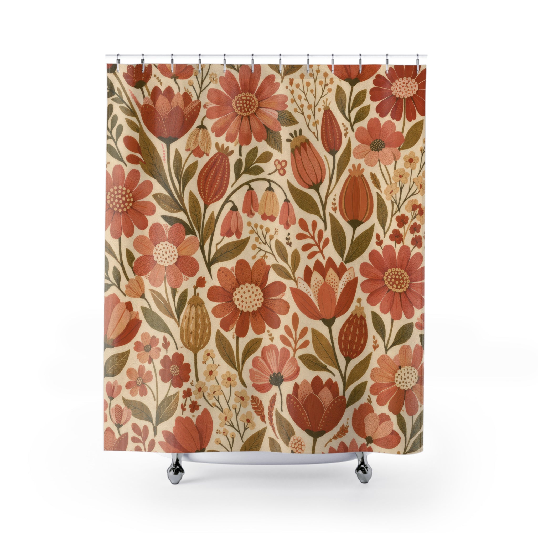 Boho Wildflower Shower Curtain – Terracotta & Coral