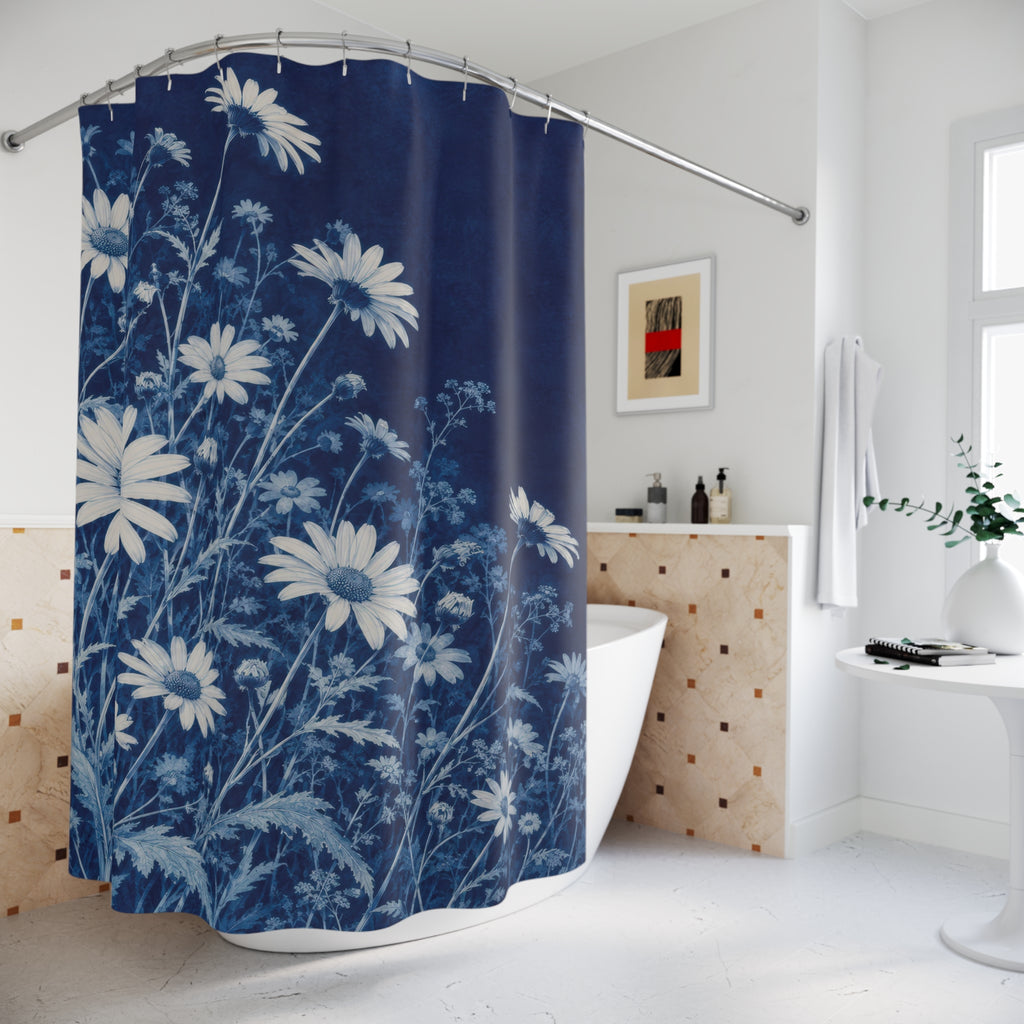 Indigo and ivory daisy meadow shower curtain beside a freestanding tub