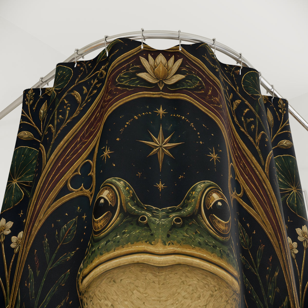 Regal frog framed by gothic lotus flowers shower curtain with close-up print, hooks, and folds