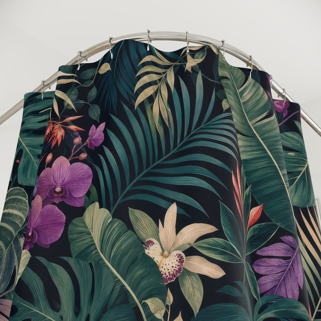 Unique Tropical Shower Curtain, Dark Green Monstera Leaf Pattern, Purple Floral Botanical Decor, Lush Guest Bath, Maximalist Style