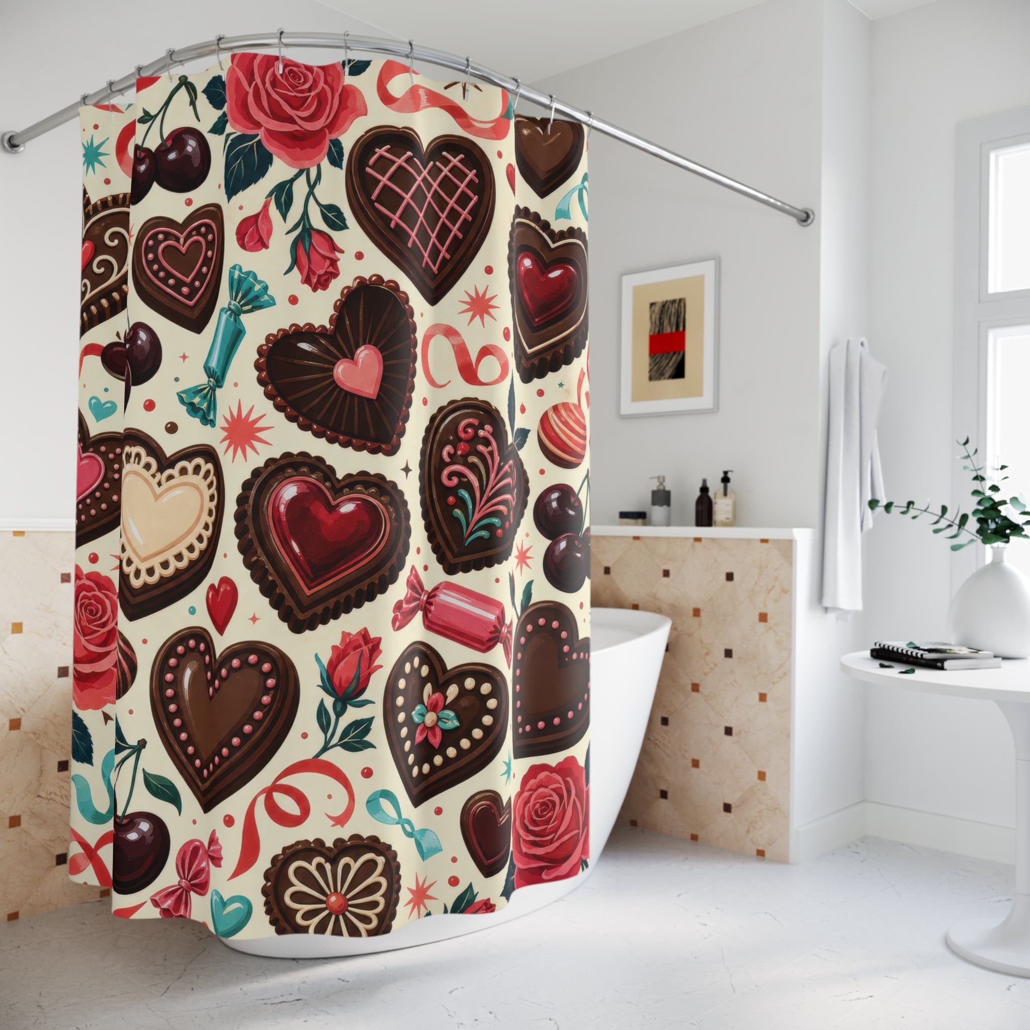 Retro Heart Chocolate Valentine Shower Curtain