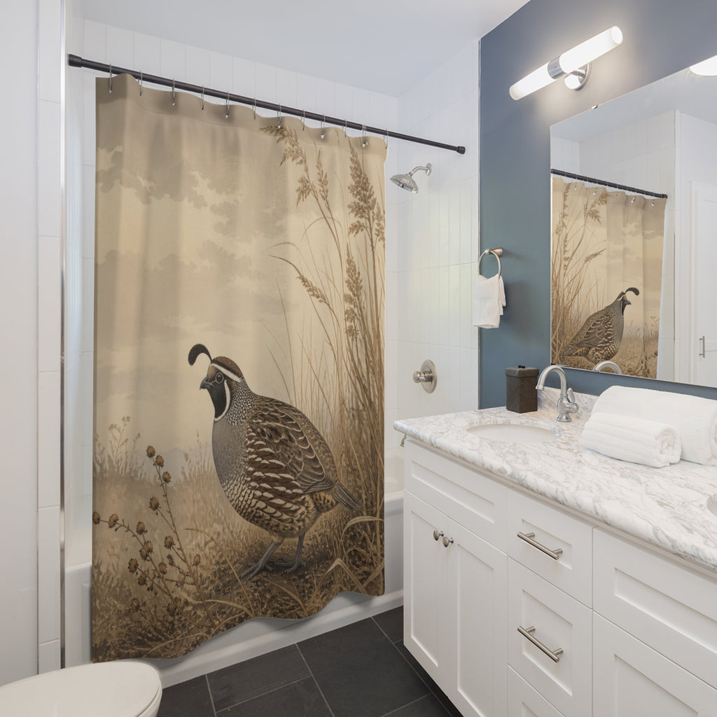 Patterned quail standing among tall taupe dried meadow grasses shower curtain beside a white vanity