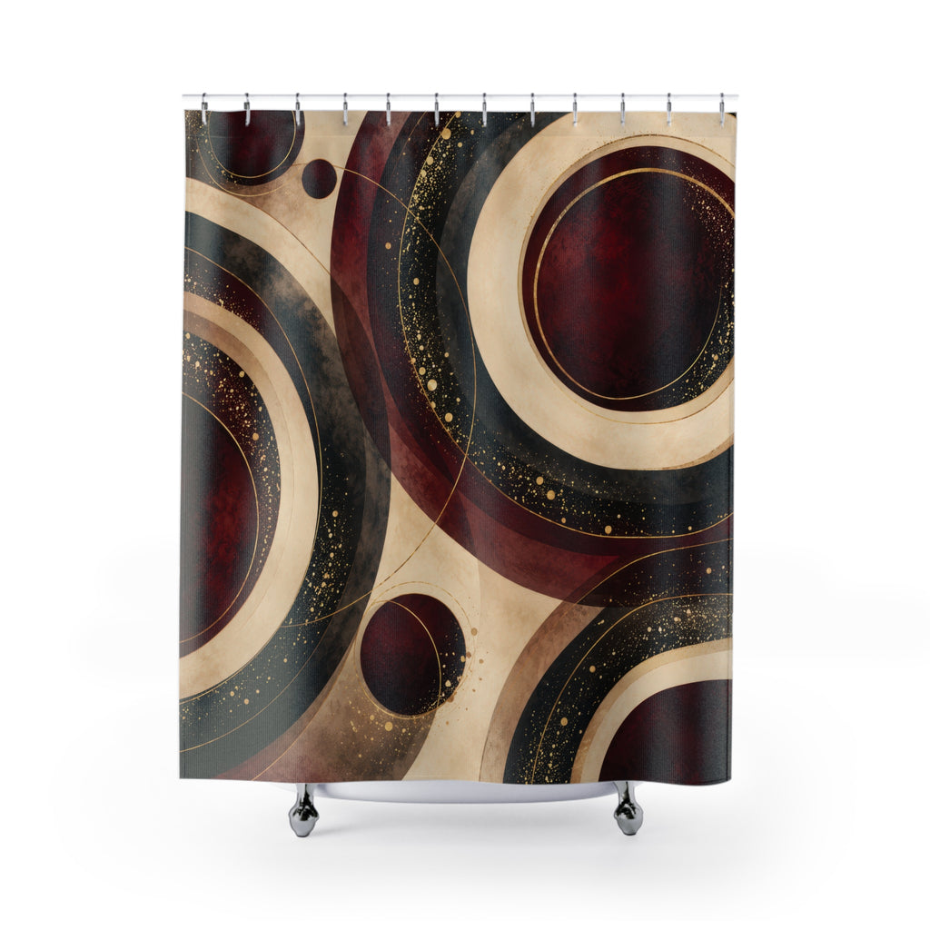 Burgundy circles with cream bands and gold-colored flecks shower curtain with full front view