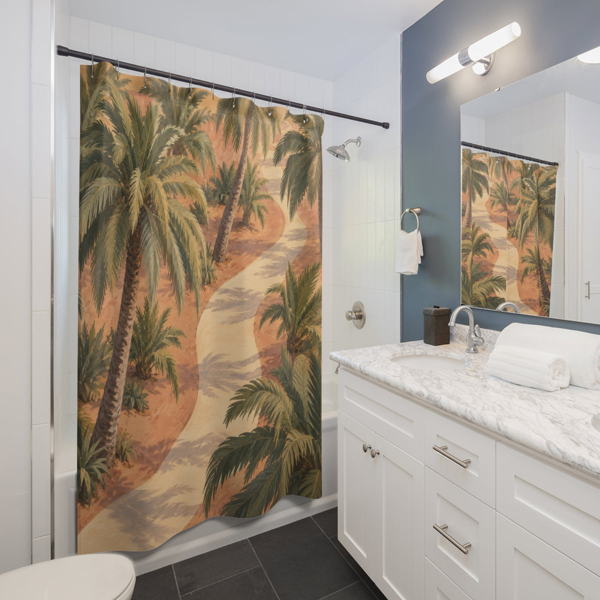 Olive palm trees beside a cream path on apricot ground shower curtain beside a white vanity