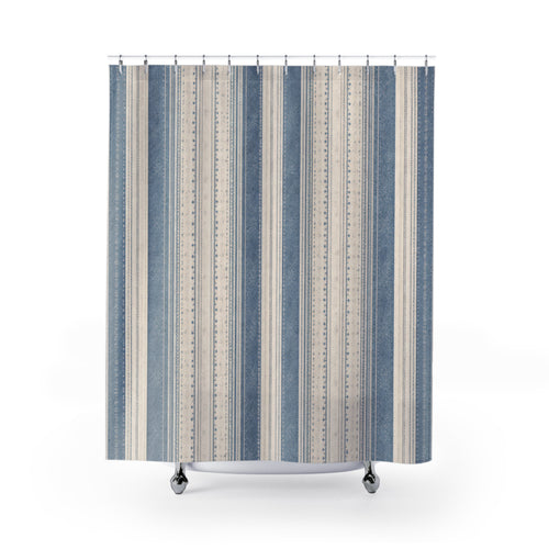Blue French Farmhouse Stripe Shower Curtain