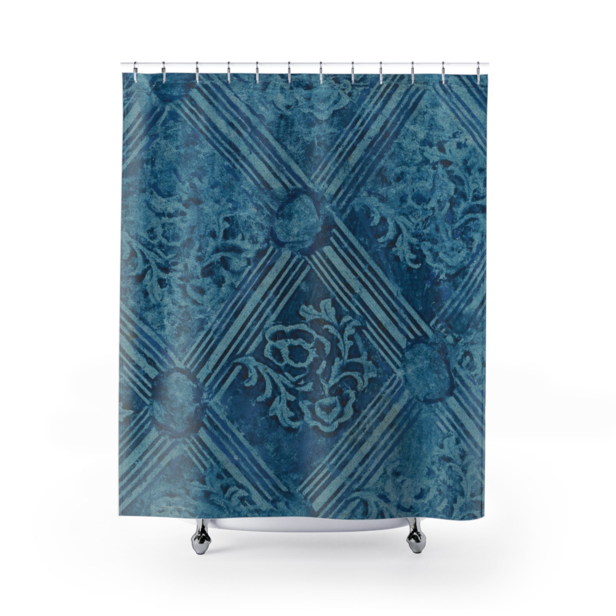 German Paste Paper Shower Curtain – Indigo Stripe