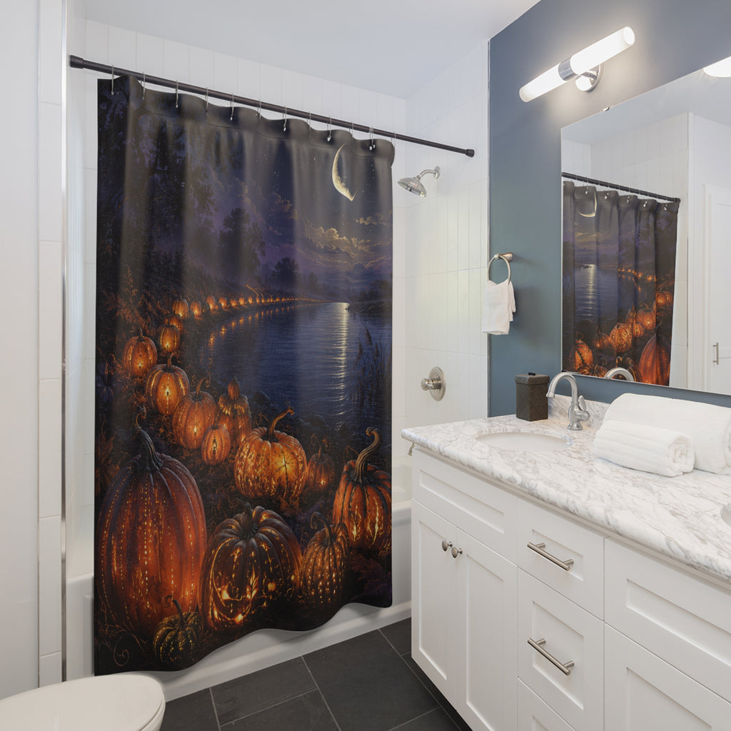 Moonlit pumpkin river landscape shower curtain beside a white vanity