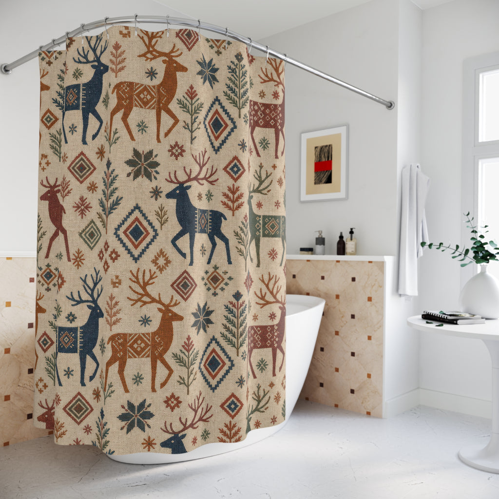 Nordic Reindeer Christmas Shower Curtain, Rust Indigo Woven Holiday Pattern, Scandinavian Winter Bathroom Decor, Cozy Guest Bath