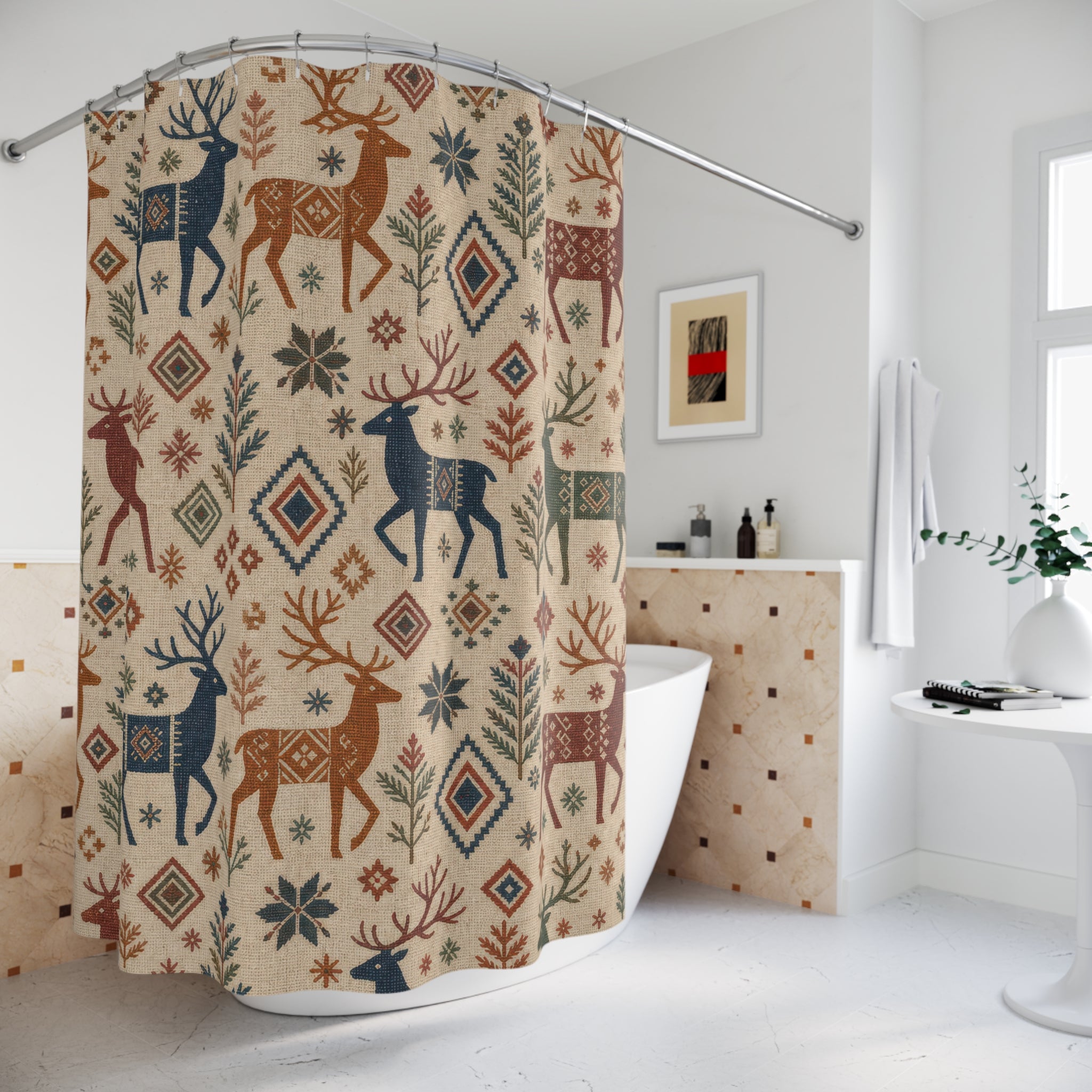 Nordic Reindeer Christmas Shower Curtain, Rust Indigo Woven Holiday Pattern, Scandinavian Winter Bathroom Decor, Cozy Guest Bath